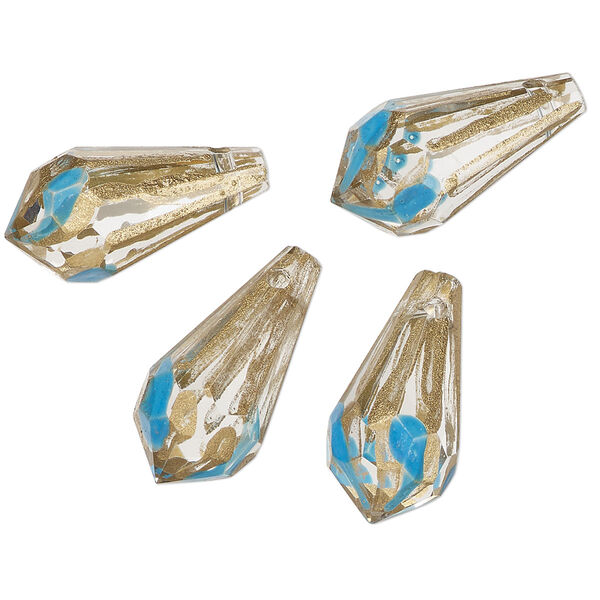 Bead, painted glass, clear/ turquoise blue / metallic gold, 20x9.5mm top-drilled faceted teardrop. Sold per pkg of 4. image number 0