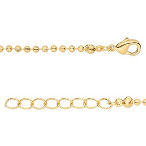 Chain, gold-finished brass, 2mm ball, 7-1/2 inches with 1-1/4 inch extender chain and lobster claw clasp. Sold per pkg of 6.