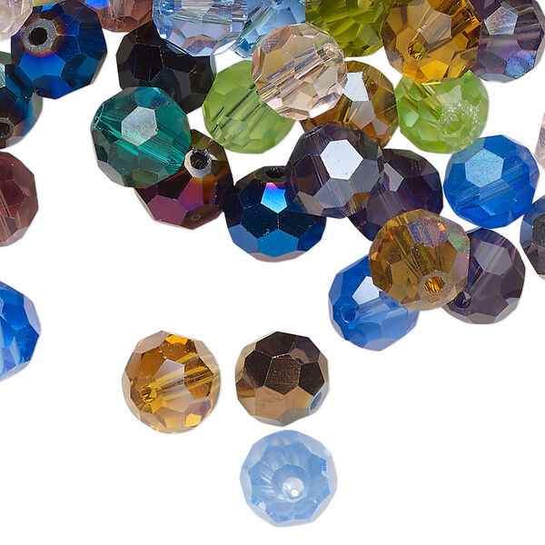 Bead mix, glass, pkg/2 ounces, opaque to transparent mixed colors, 7-9mm faceted round. image number 0