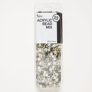 Alphabet bead mix, 1pkg1, acrylic, gold / white / black, 6mm flat round and 6-7mm cube, 5.5 ounces.