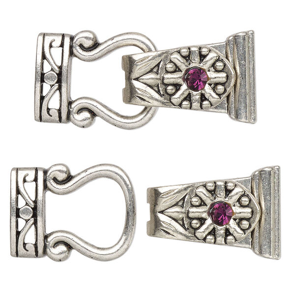 Clasp, magnetic, silver-finished "pewter" (zinc-based alloy) and glass, purple, 29x13mm 2-strand fold-over. Sold per pkg of 2. image number 0