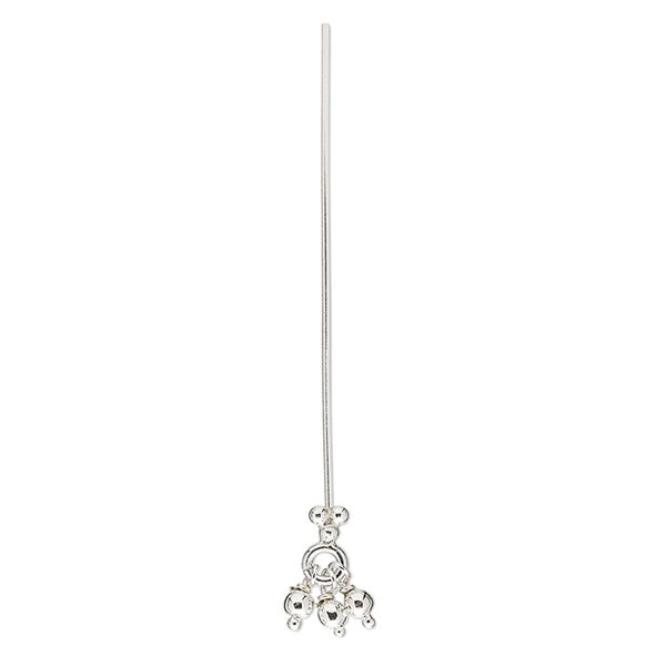 Head pin, sterling silver, 1-1/2 inches with 3-ball dangle, 23 gauge. Sold per pkg of 2. image number 0