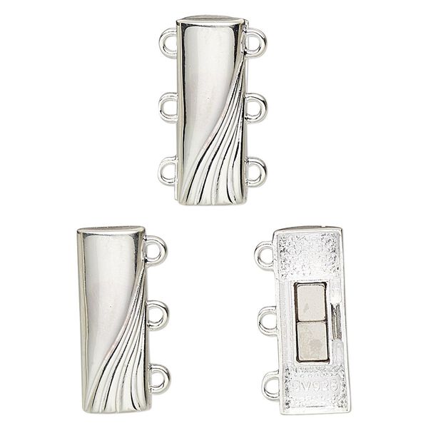 Clasp, 3-strand magnetic, sterling silver, 19.5x7mm rectangle with wave design. Sold individually. image number 0