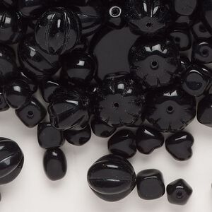 Bead mix, glass, opaque black, 4mm-30x13mm mixed shapes. Sold per 100 gram pkg, approximately 310 beads.