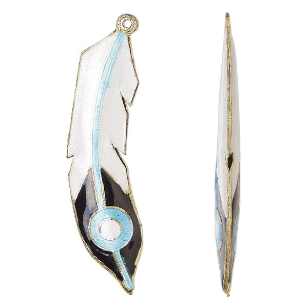 Focal, cloisonné, enamel and gold-finished brass, white / light blue / black, 70x17mm double-sided curved feather. Sold individually. image number 0
