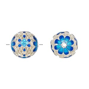 Bead, silver-finished brass and enamel, light blue and blue, 17mm round with open filigree and flower design. Sold individually.