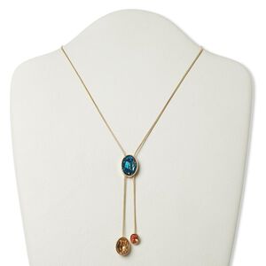 Necklace, glass and gold-finished "pewter" (zinc-based alloy), blue / dark pink / champagne, 3-1/2 inch dangle with 10x8mm-20x15mm faceted oval, 15" to 16" lariat with 3-inch extender chain and lobster claw clasp. Sold individually.