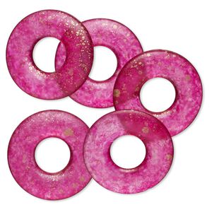Component, coated acrylic, gold and translucent magenta, 19mm round donut with speckles. Sold per pkg of 4.