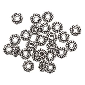 Bead, antique silver-finished "pewter" (zinc-based alloy), 10x4mm beaded rondelle. Sold per pkg of 25.