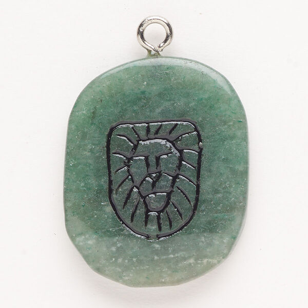 Focal, steel/green aventurine (natural)/enamel, pkg/1, silver finish and black, 30x24mm-39x27mm single-sided puffed freeform with lion head, B- grade. image number 0
