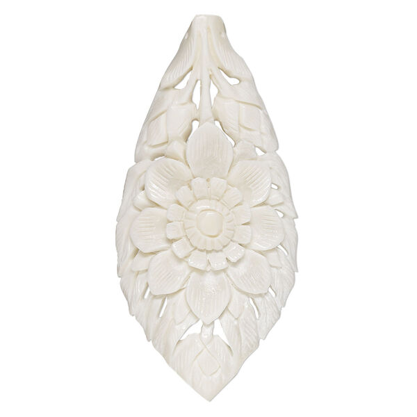 Focal, camel bone (bleached), white, 3-1/2 x 2-1/2-inch side-drilled curved leaf with flower and leaves, Mohs hardness 2-1/2. Sold individually. image number 0