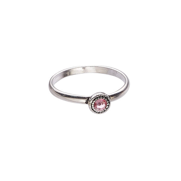 Ring, antiqued sterling silver and glass rhinestone, pink, 5.5mm wide with round and twisted rope design, size 6.5. Sold individually. image number 0