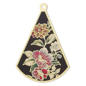 Focal, Lazer Lace™, color film and gold-finished brass, multicolored, 48x35mm single-sided fan with cutouts and floral design. Sold per pkg of 20.