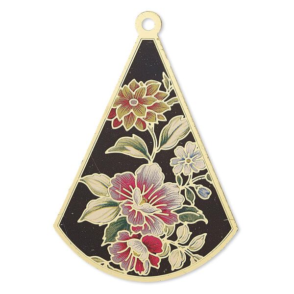 Focal, Lazer Lace™, color film and gold-finished brass, multicolored, 48x35mm single-sided fan with cutouts and floral design. Sold per pkg of 20. image number 0