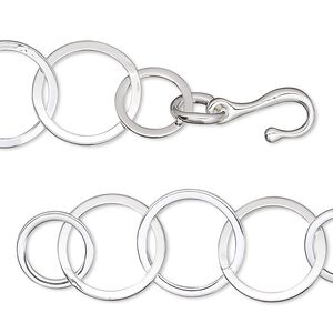Chain, silver-plated brass, 14mm flat round cable, 6-1/2 inches with hook-and-eye clasp. Sold individually.