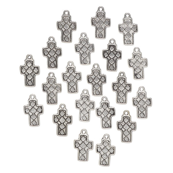 Drop, "pewter" (zinc-based alloy), pkg/20, 21x13mm single-sided cross with diamond pattern, antique silver finish. image number 0