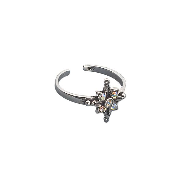 Toe ring, sterling silver and crystal, clear AB, 11mm wide with flower design, adjustable. Sold individually. image number 0