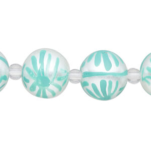 Bead, glass 1pkg8, opaque white and seafoam green, 14mm hand-painted round.