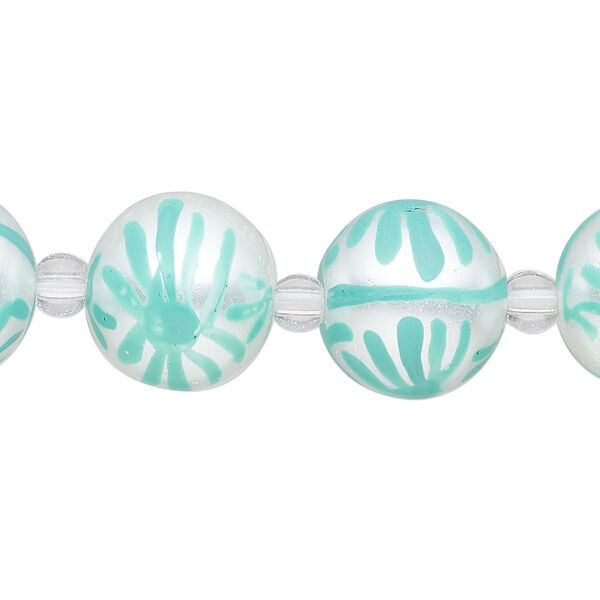 Bead, glass 1pkg8, opaque white and seafoam green, 14mm hand-painted round. image number 0