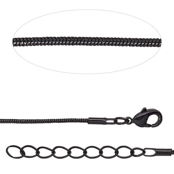 Chain, black-finished brass, 1mm snake, 18 inches with 1-inch extender chain and lobster claw clasp. Sold individually. image number 0