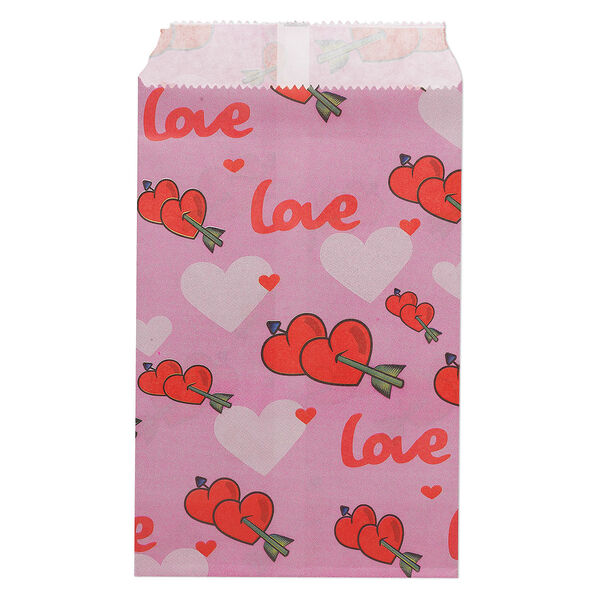 Bag, paper, multicolored, 6x4 inches with heart and "love" design and scalloped top edge. Sold per pkg of 100. image number 0