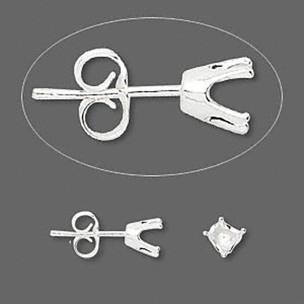 Earstud, Sure-Set™, sterling silver, 5mm 4-prong heart setting. Sold per pair. image number 0