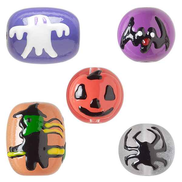 Bead mix, hand-painted glass, opaque to transparent multicolored, 13mm round and 18x15mm oval with Halloween designs. Sold per pkg of 5. image number 0