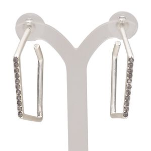Earring, glass rhinestone with silver-plated steel and "pewter" (zinc-based alloy), black, 1-1/2 inches square hoop. Sold per pair.