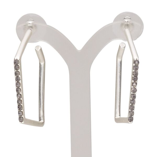 Earring, glass rhinestone with silver-plated steel and "pewter" (zinc-based alloy), black, 1-1/2 inches square hoop. Sold per pair. image number 0