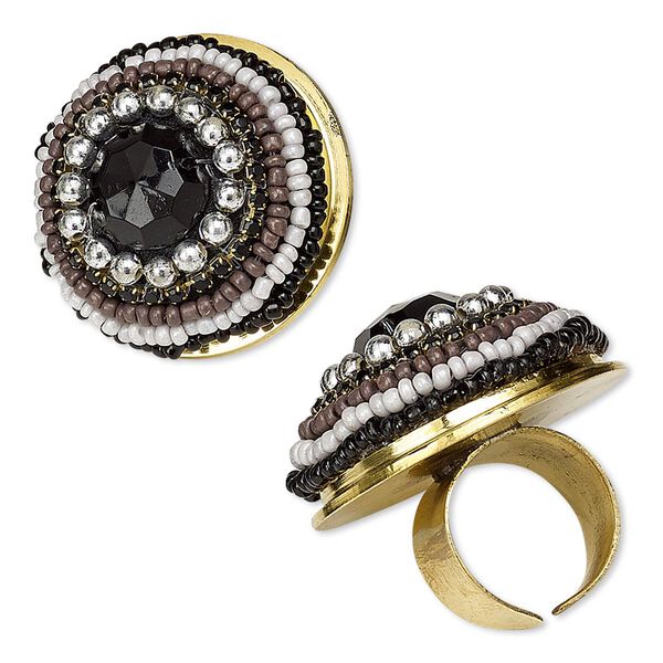 Ring, glass / acrylic / cotton / brass / steel / silver-coated plastic, multicolored, 40mm round with cupchain, adjustable. Sold individually. image number 0