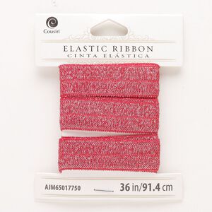 Cord, elastic, pkg/36 inches, 16mm flat, sparkle red and silver.