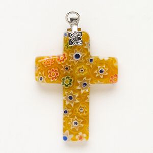 Focal 1pkg1 silver-finished steel and millefiori glass, translucent and transparent yellow-orange and multicolored, 30x20mm-32x24mm cross.