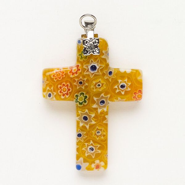 Focal 1pkg1 silver-finished steel and millefiori glass, translucent and transparent yellow-orange and multicolored, 30x20mm-32x24mm cross. image number 0
