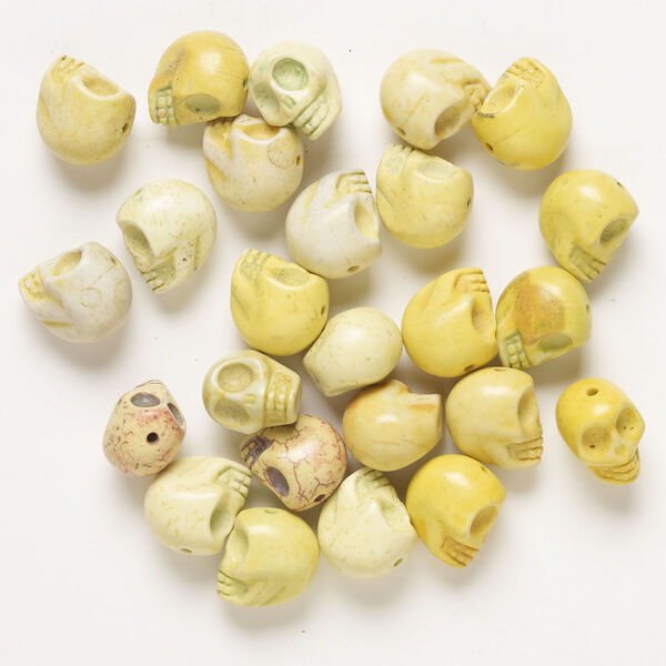Bead mix, "howlite" (imitation) resin 1pkg25, opaque light to dark yellow, 17x14mm-18x15mm skull. image number 1