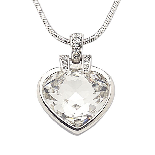 Necklace, Austrian crystal / crystals / rhodium-plated brass / "pewter" (zinc-based alloy), clear and crystal clear, 22.5x21mm teardrop, 18 inches with 2-inch extender chain and lobster claw clasp. Sold individually. image number 0