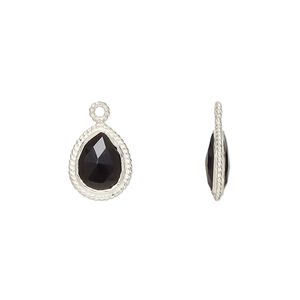 Drop, black onyx (dyed) and sterling silver, 11x9mm-12x10mm hand-cut double-sided faceted puffed teardrop with rope edge design, B grade, Mohs hardness 6-1/2 to 7. Sold individually.