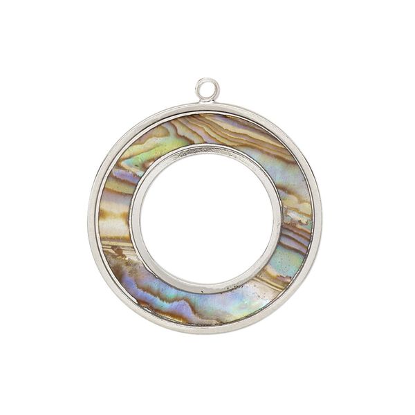 Drop, paua shell (assembled) / resin / imitation rhodium-finished brass, multicolored, 25mm double-sided donut. Sold individually. image number 0