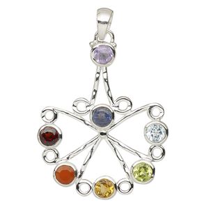 Pendant, multi-gemstone (natural / dyed / heated / irradiated) and sterling silver, 34x28mm single-sided fan. Sold individually.