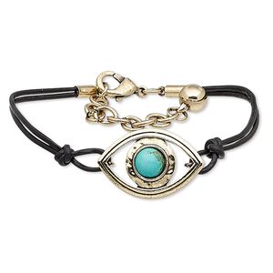 Bracelet, 2-strand, magnesite (dyed / stabilized) / leather (dyed) / antique gold-finished steel / "pewter" (zinc-based alloy), black and turquoise blue, 30x20mm marquise, 7 inches with 2-inch extender chain and lobster claw clasp. Sold individually.