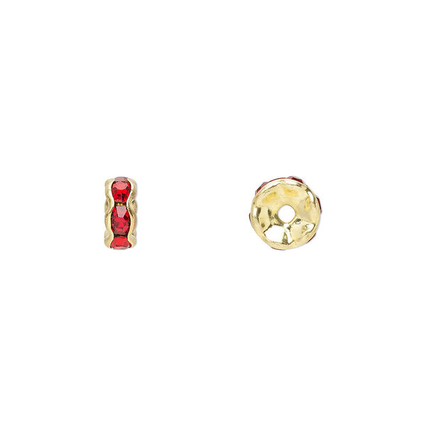 Bead, glass rhinestone and gold-finished brass, red, 6x3mm rondelle. Sold per pkg of 10. image number 0