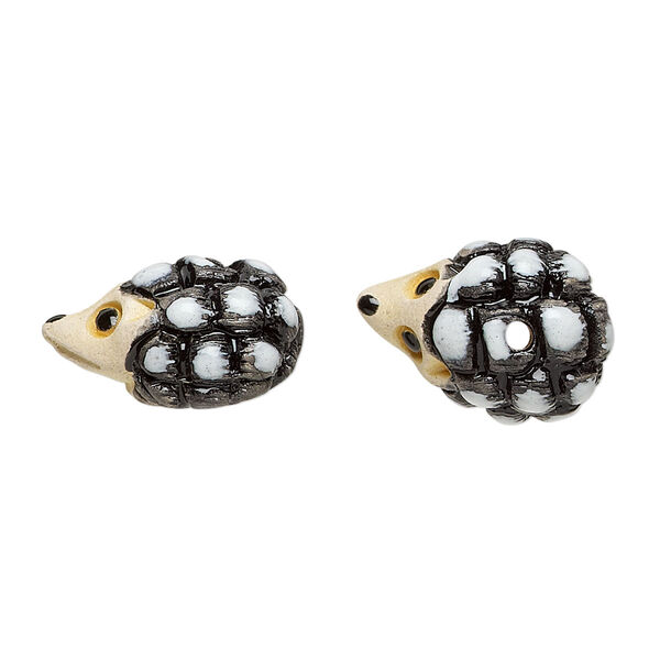 Bead, glazed ceramic, multicolored, 18x13mm hand-painted hedgehog. Sold per pkg of 2. image number 0