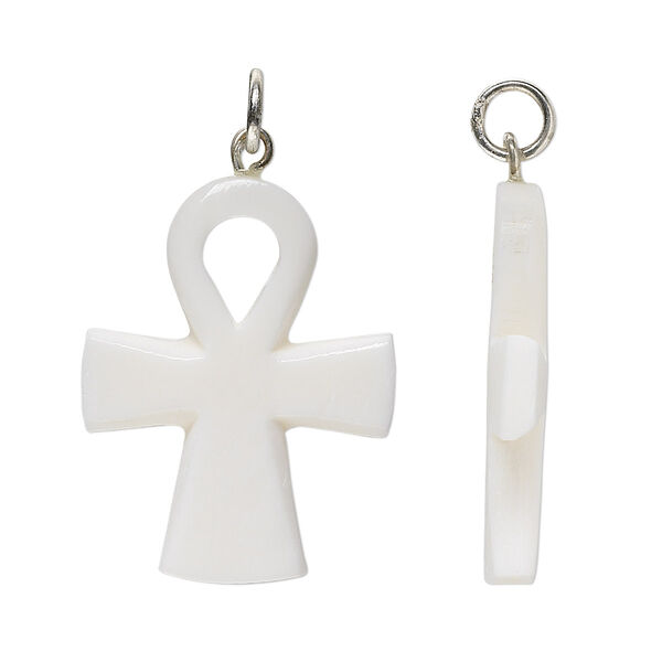 Focal, bone (bleached) and silver-finished steel, white, 30x24mm ankh, Mohs hardness 2-1/2. Sold per pkg of 6. image number 0