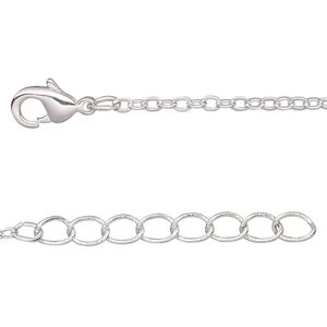 Chain, silver-plated brass, 2mm cable, 7 inches with 1-1/4inch extender chain and lobster claw clasp. Sold per pkg of 6.