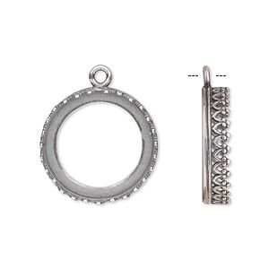 Drop, JBB Findings, antique silver-plated brass, 19.5mm round with open back and decorative trim, 18mm round bezel setting. Sold per pkg of 2.