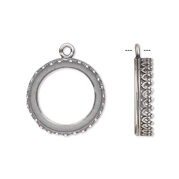 Drop, JBB Findings, antique silver-plated brass, 19.5mm round with open back and decorative trim, 18mm round bezel setting. Sold per pkg of 2. image number 0