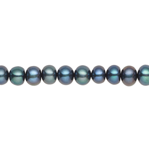 Pearl, cultured freshwater (dyed), iris green, 5-6mm button, C grade, Mohs hardness 2-1/2 to 4. Sold per 15-1/2" to 16" strand. image number 0