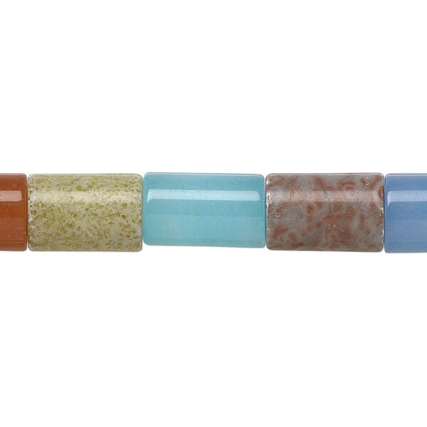 Bead, multi-gemstone (natural / dyed / manmade) and glass, multicolored, 12x8mm tube with 1.5mm hole, B grade. Sold per 15" to 16" strand. image number 0