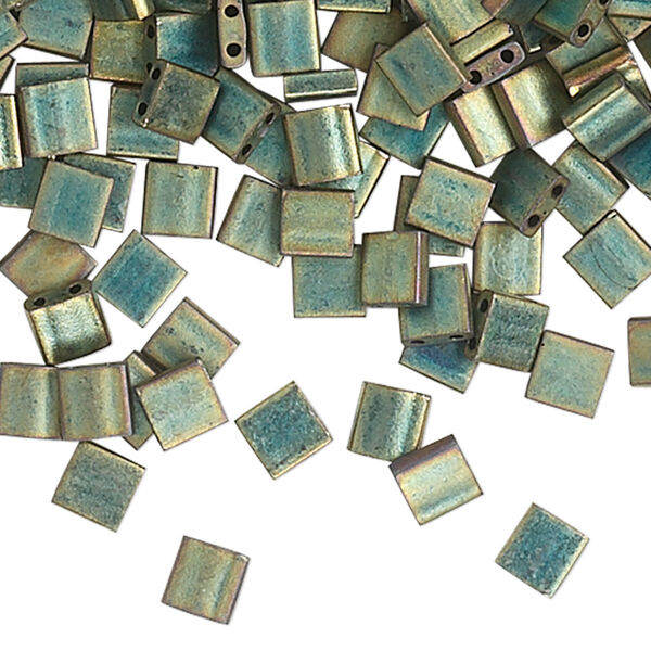Bead, Miyuki, TILA®, glass, opaque matte metallic iris green patina, (TL2008), 5mm square with (2) 0.8mm holes, fits up to 3mm beads. Sold per 10-gram pkg. image number 0