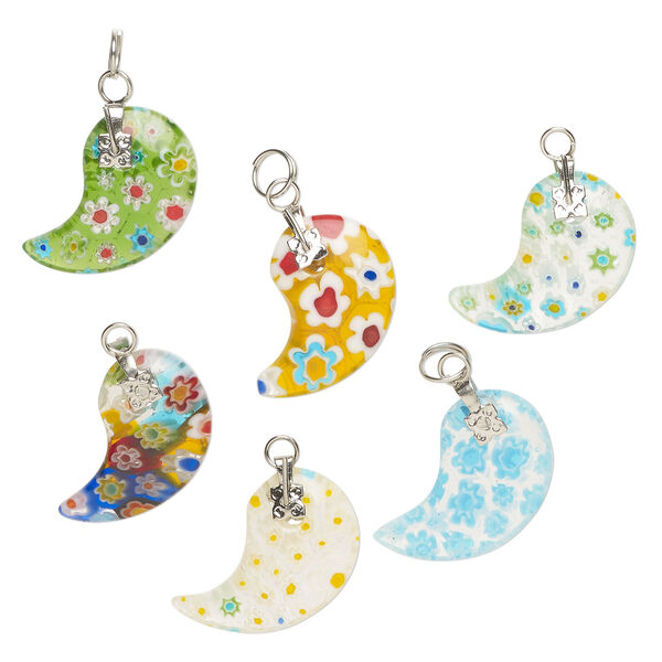 Drop mix, millefiori glass and silver-finished steel 1pkg6, opaque to transparent mixed colors 23x18mm-24x20mm paisley. image number 0