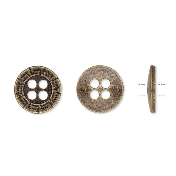 Button, antiqued brass-finished "pewter" (zinc-based alloy), 12mm single-sided flat round with Greek key design. Sold per pkg of 50. image number 0